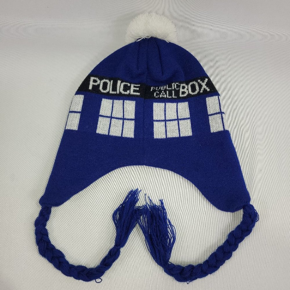 Doctor Who Tardis Police Box Knit Winter Hat Braids Toque